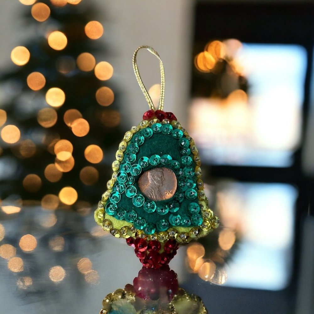 Vintage Handmade Christmas Ornament Fabric Sequin Bell with Pennies 1974